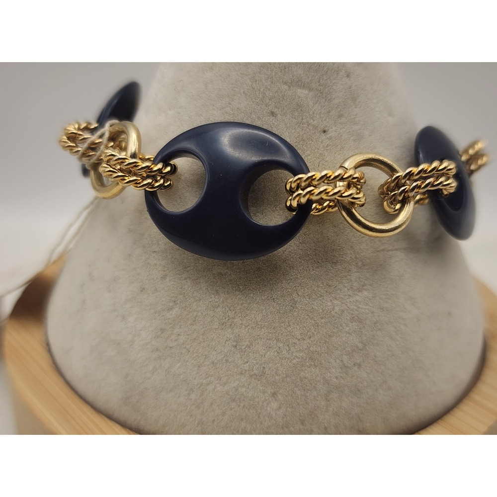Anne Klein Navy Blue  Oval Gold Tone Rope Link Bracelet  Lobster Clasp 6 1/2"